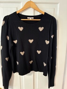 Splendid Black Crewneck Sweater with Cream Heart Motif